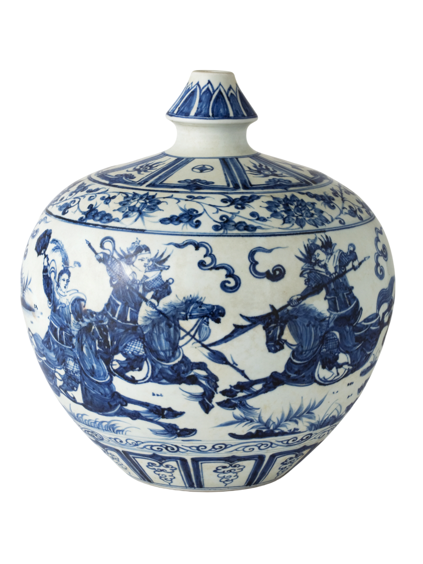 Rare Blue and White Jar with Cavalry Battle Scene, Qing Dynasty