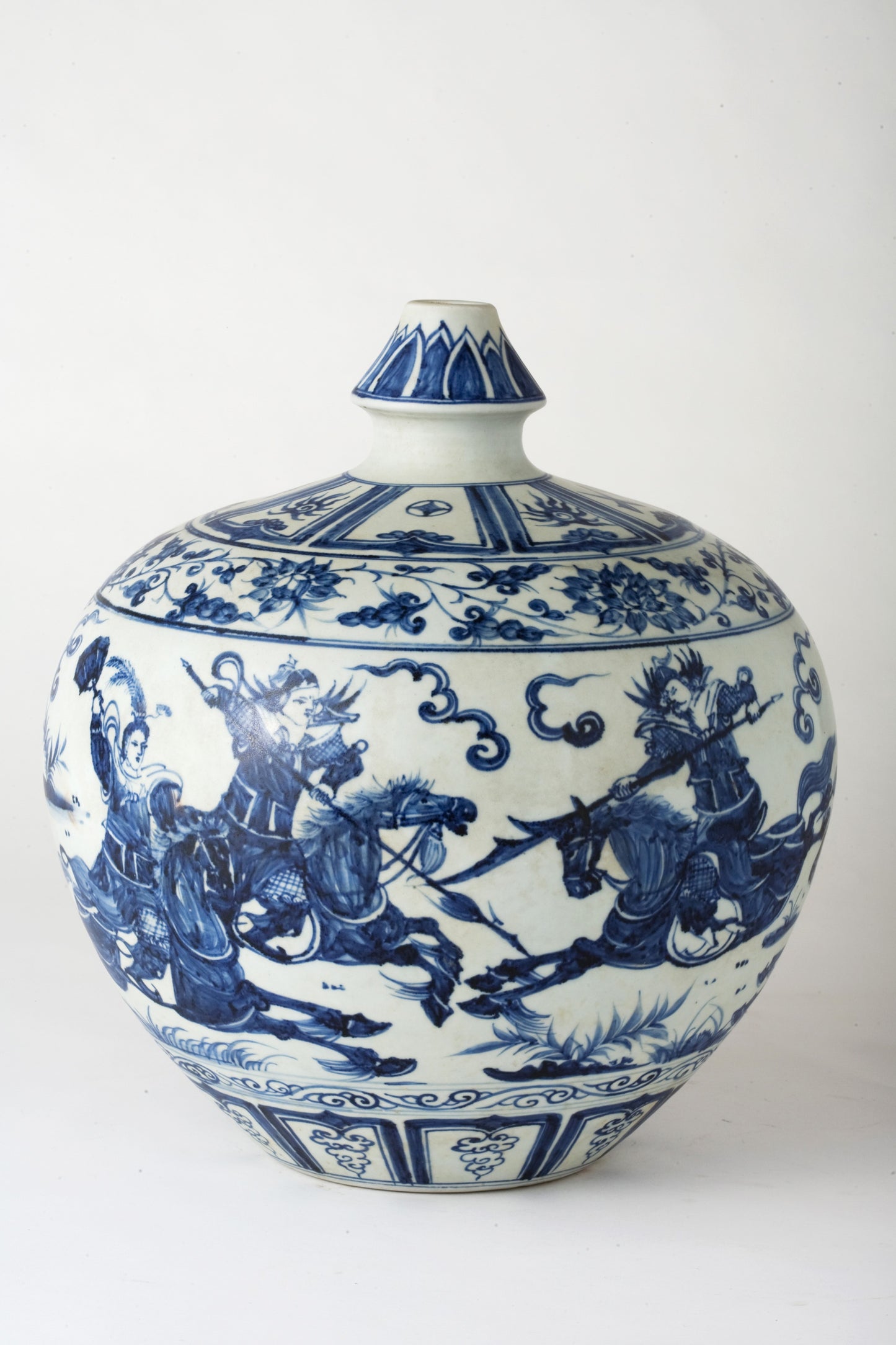 Rare Blue and White Jar with Cavalry Battle Scene, Qing Dynasty