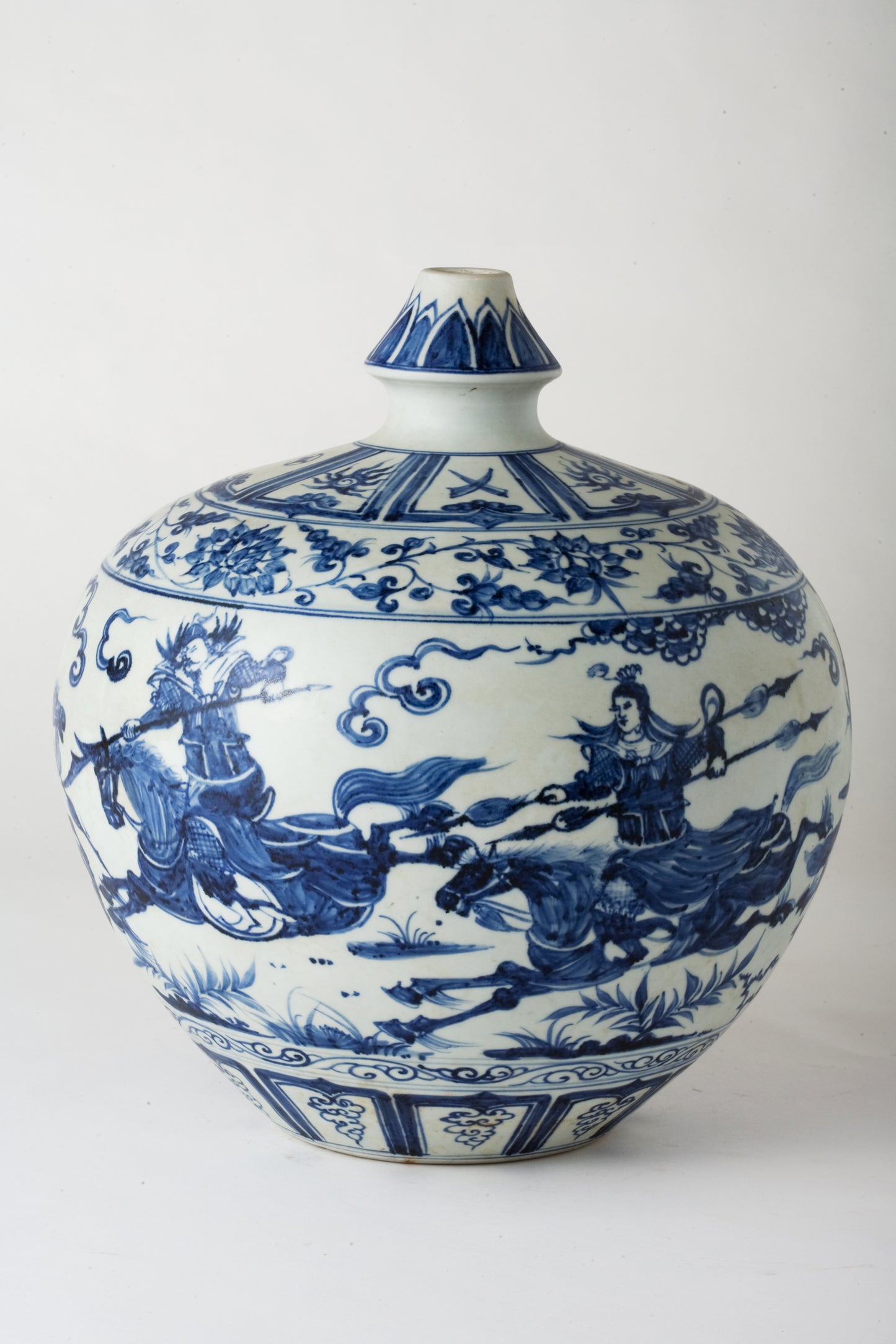 Rare Blue and White Jar with Cavalry Battle Scene, Qing Dynasty