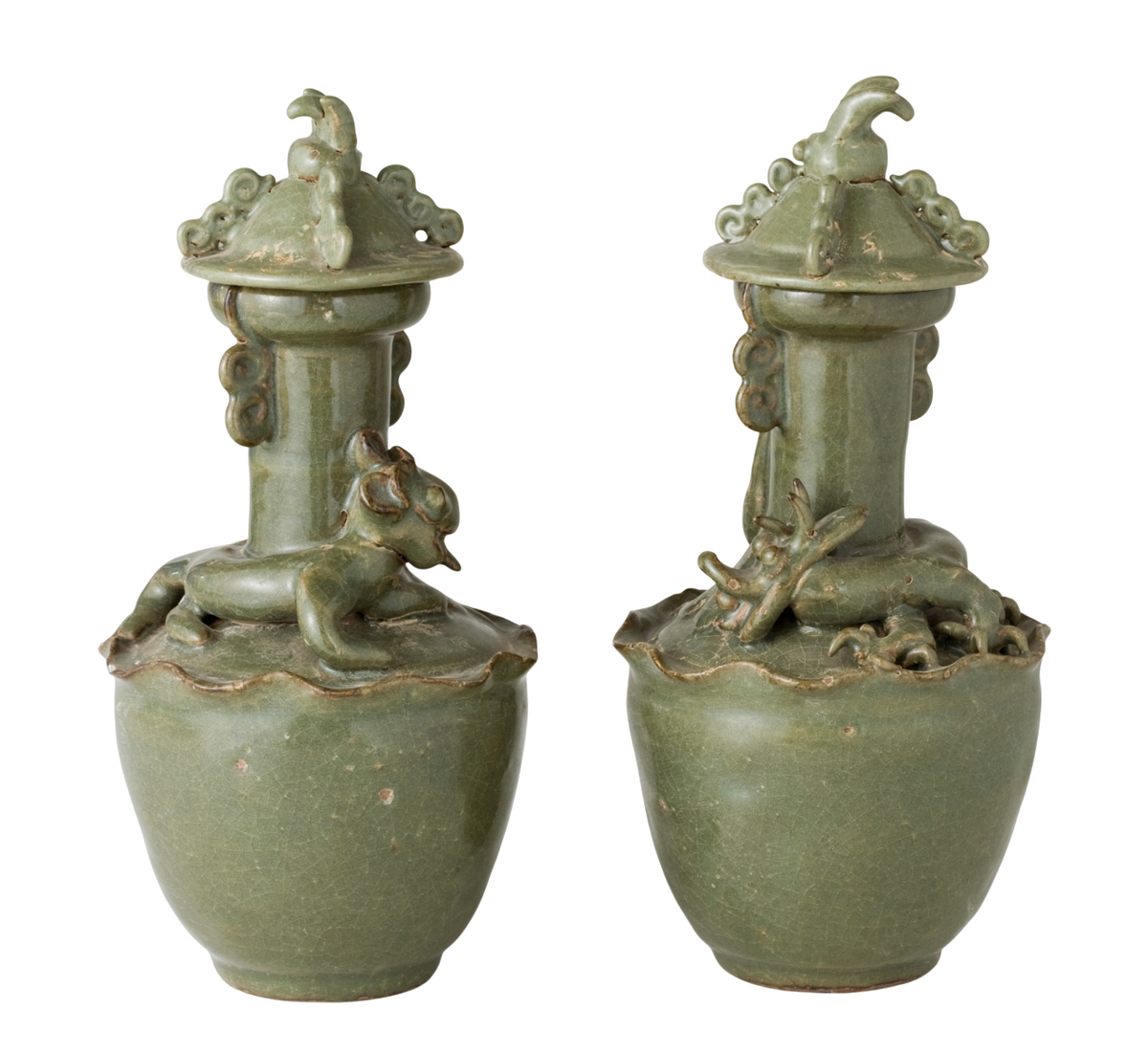 Pair of olive-green Longquan celadon vases with sculpted animal finials, crackled glaze, Sui-Song Dynasty.