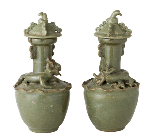 Pair of olive-green Longquan celadon vases with sculpted animal finials, crackled glaze, Sui-Song Dynasty.