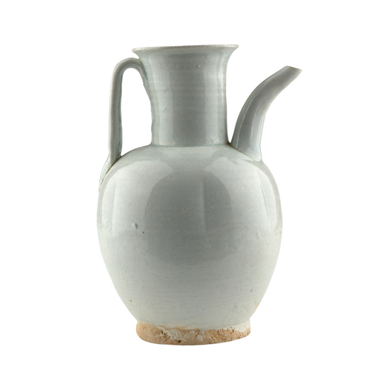 Song-Yuan Dynasty Qingbai porcelain ewer with a globular body, curved spout, straight neck, and pale blue-white glaze.