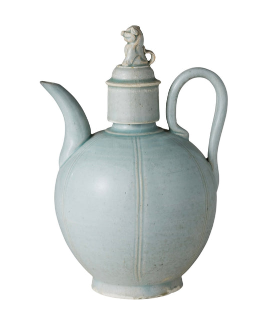 Northern Song-Yuan Dynasty Qingbai porcelain ewer with lion-finial cover, incised vertical lines, and pale blue-white glaze.