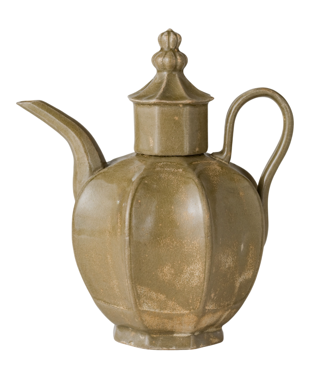 Rare brownish-olive Yue celadon octagonal ewer with cover, crackled glaze, Five Dynasties to Northern Song Dynasty.