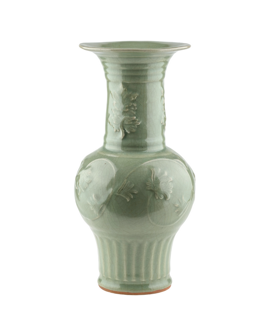 Rare Yuan-Early Ming Longquan celadon peony vase with carved floral motifs, raised vine decoration, and green glaze.