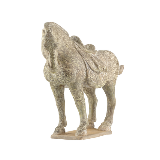 Rare Tang-Song Dynasty marbled pottery horse figure with yellow-brown glaze, hollow-molded body, and saddle detail.