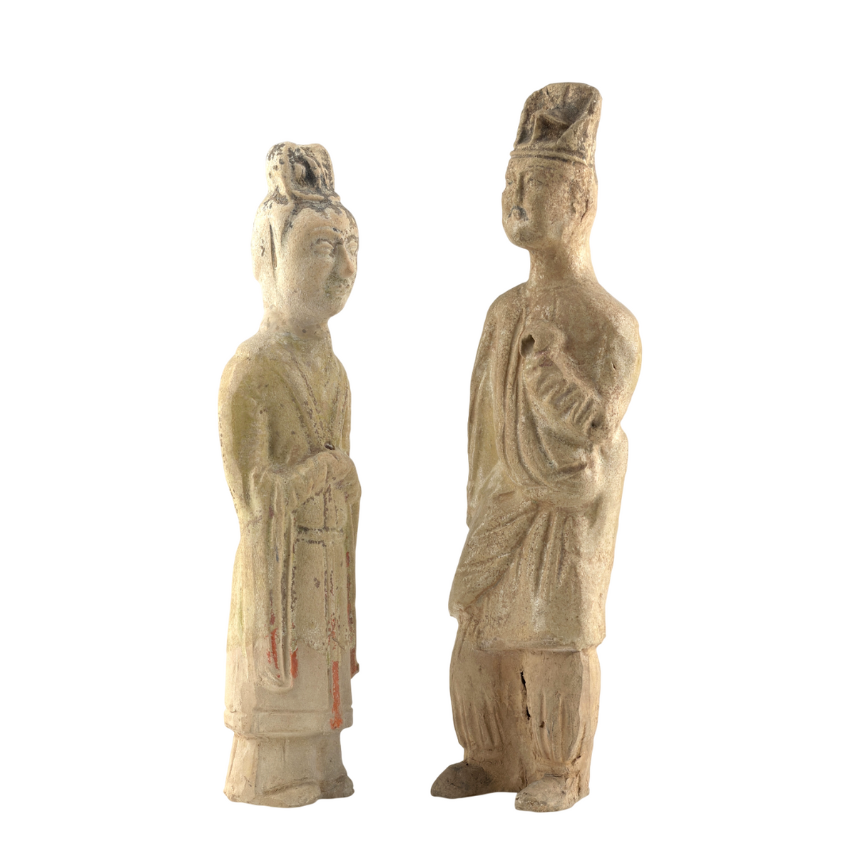 Sui-Tang Dynasty pair of straw-glazed pottery court figures with traditional robes, official cap, and red pigment traces.