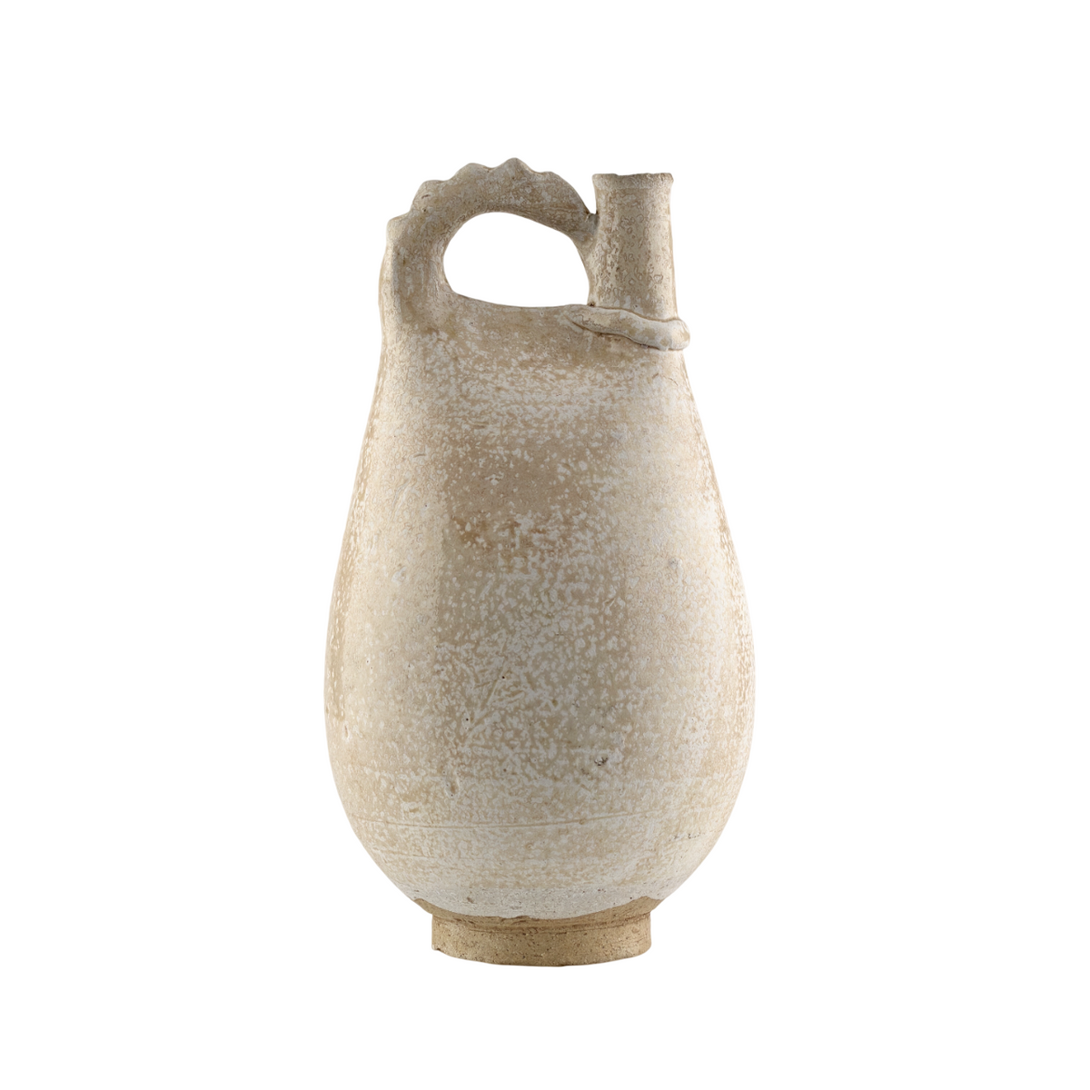 Liao Dynasty white-glazed chicken-comb ewer with a rounded body, inspired by nomadic leather water flasks.