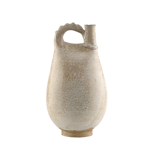 Liao Dynasty white-glazed chicken-comb ewer with a rounded body, inspired by nomadic leather water flasks.