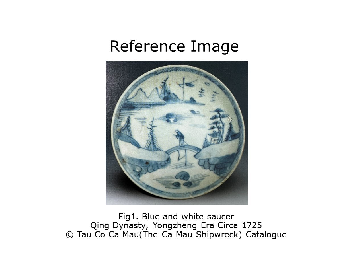 PASSING BOAT AND BRIDGE PATTERN BLUE AND WHITE TEABOWL AND SAUCER SET CIRCA 1725, QING DYNASTY, YONGZHENG ERA